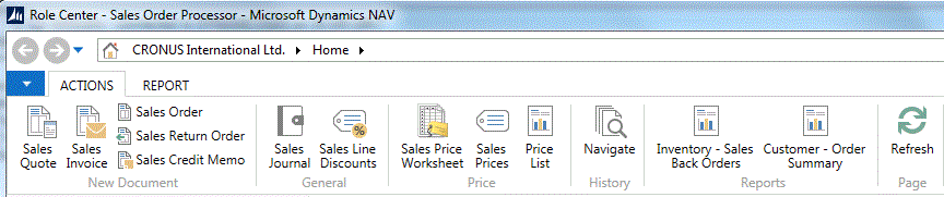 Ribbon on the Sales Order Role Center